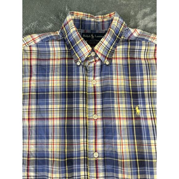 Men's Ralph Lauren Blue Yellow Plaid Button Down Short Sleeve Shirt Size L Exc - Picture 4 of 9